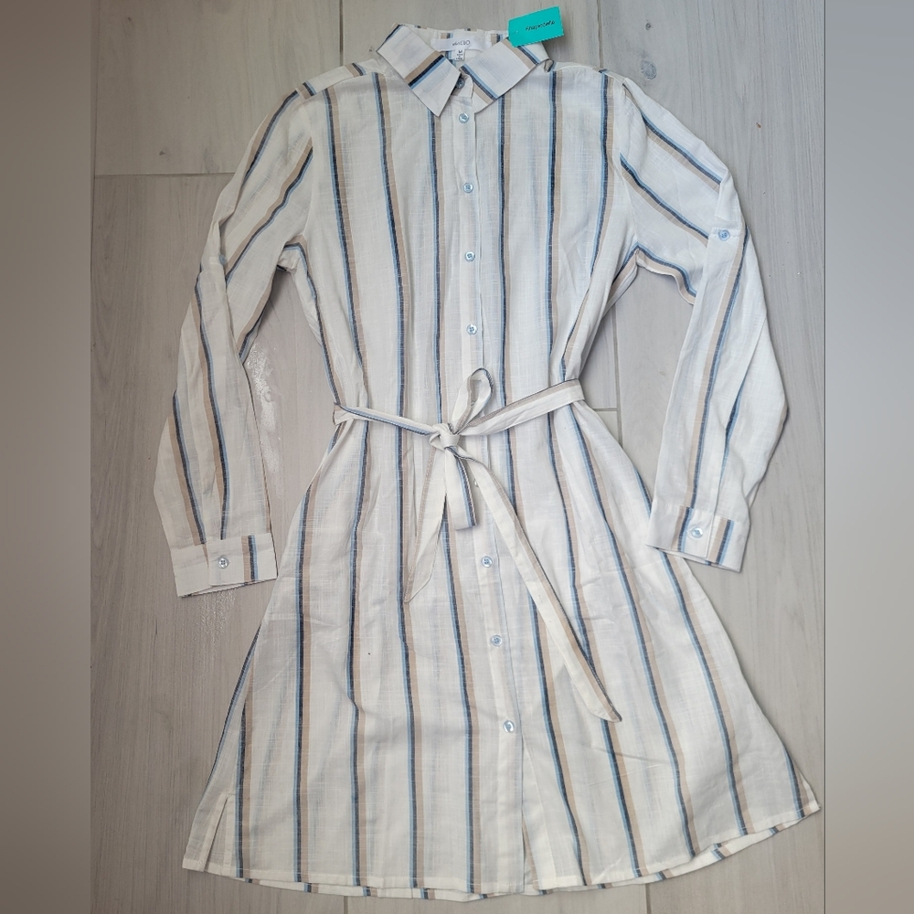 Long Sleeve Collar Button Down Dress Tie Waist Cream, Tan & Blue